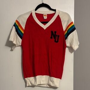 Vintage the College House Red V-Neck Sweater with Rainbow Stripes